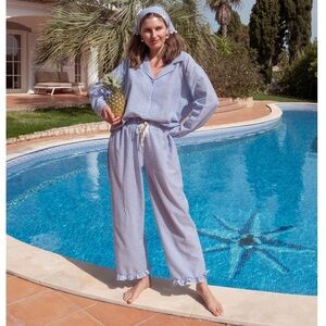 Violet & Brooks Skylar Ruffle Pants NWT Seersucker Striped Lounge Pant Blue